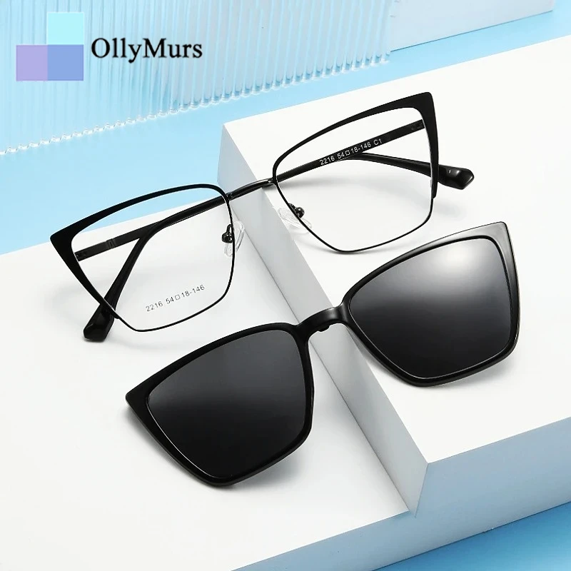 

OLLYMURS Fashion Polarizing Clip Magnetic Suction Sunglasses Ultra-light Cat Eye Optical Prescription Eyeglasses Frame Women
