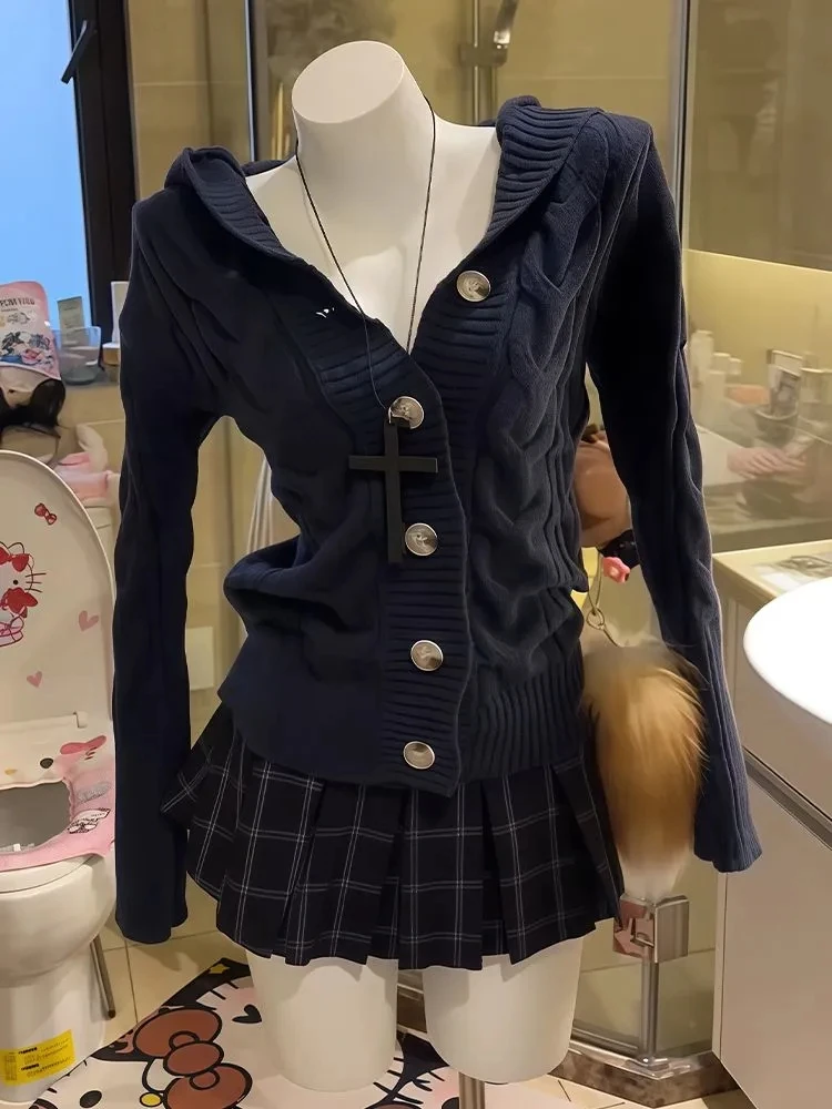 

Корейский вязаный открытый кардиган для колледжа, женский осенне-зимний утягивающий шапка, свитер, модная повседневная куртка