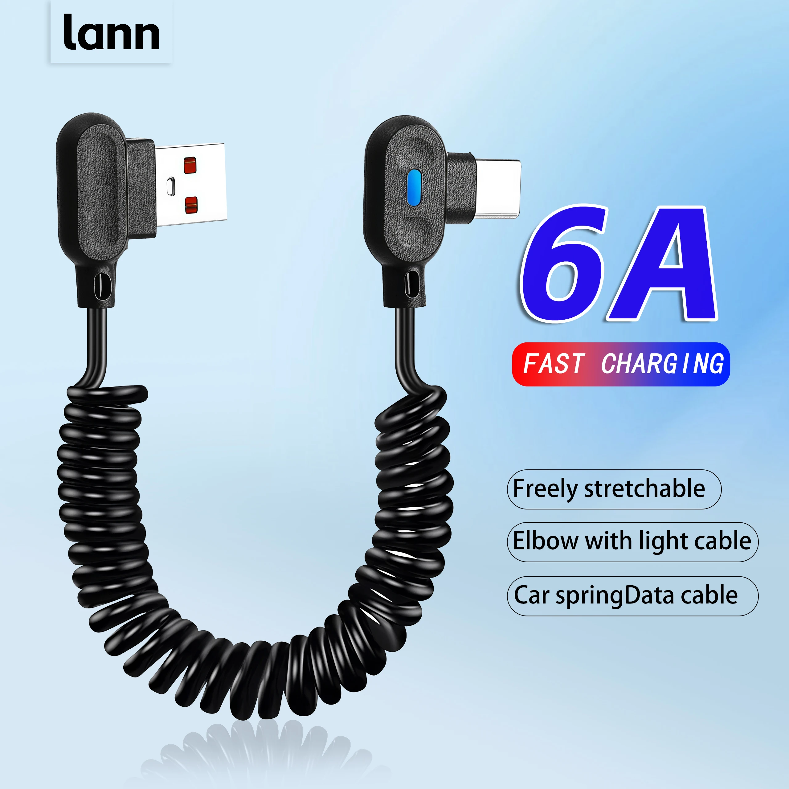 Car USB Type C 5A Fast Charging Cable Spring Telescopic Elbow with Light Cable for iPhone 16 15 Samsung Huawei Xiaomi