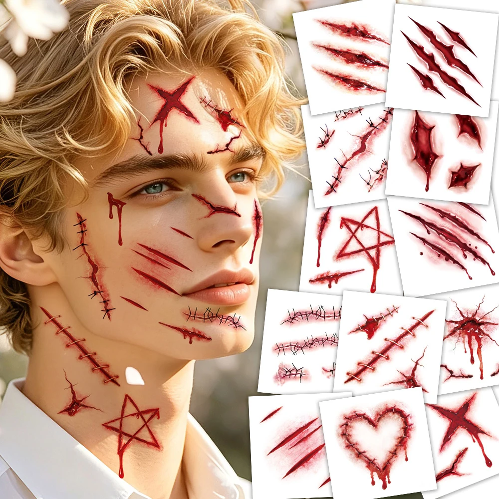 12 Sheets Halloween Realistic Bloody Scars Wound 3D Temporary Tattoos, Halloween Masquerade Prank Makeup Cosplay Costume