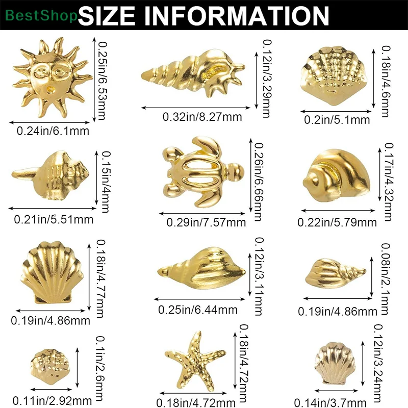 Abalorios para uñas con remaches de océano dorado 3D, 12 rejillas, caballito de mar mezclado/estrella de mar/perlas de concha/Mini cuentas de Caviar/decoración de joyería para uñas con diamantes de imitación