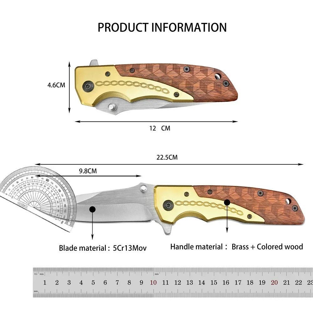 Outdoor Pocket Folding Knife DA77, 5Cr13Mov Blade Brass + Wooden Handle, EDC Camping Survival Hunting Knife Rescue Tool