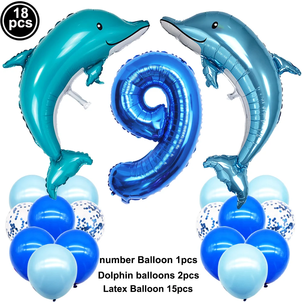 18 Stück Delphin-Luftballons, blau, 32 Zoll, Zahlen, Ballon, 1. Geburtstag, Dekoration für Kinder, Jungen, Meerestiere, Thema, Geburtstagsparty-Zubehör – Detail 6