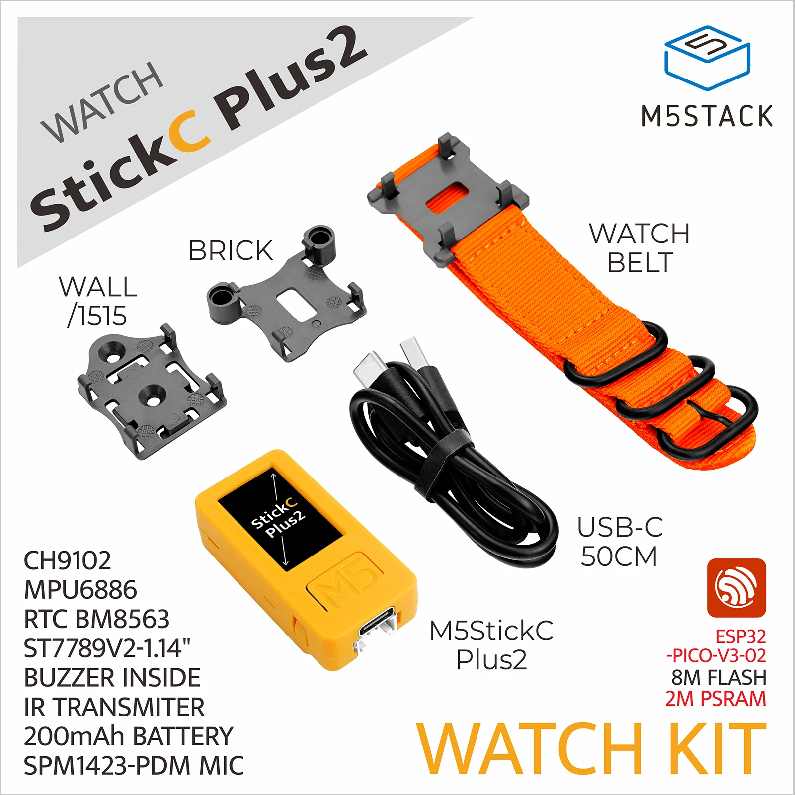 M5Stack Official M5StickC PLUS2 with Watch Accessories ESP32-PICO-V3-02 Mini IoT Development Kit BLE and WiFi IoT Controller