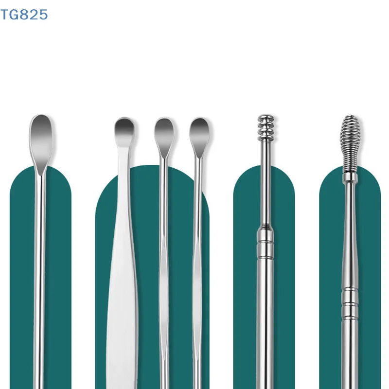 【AN】【AN】6Pcs/set Ear Cleaner Ear Wax Pickers Stainless Steel Earpick Earwax Curette Spoon Care Ear Clean Tools