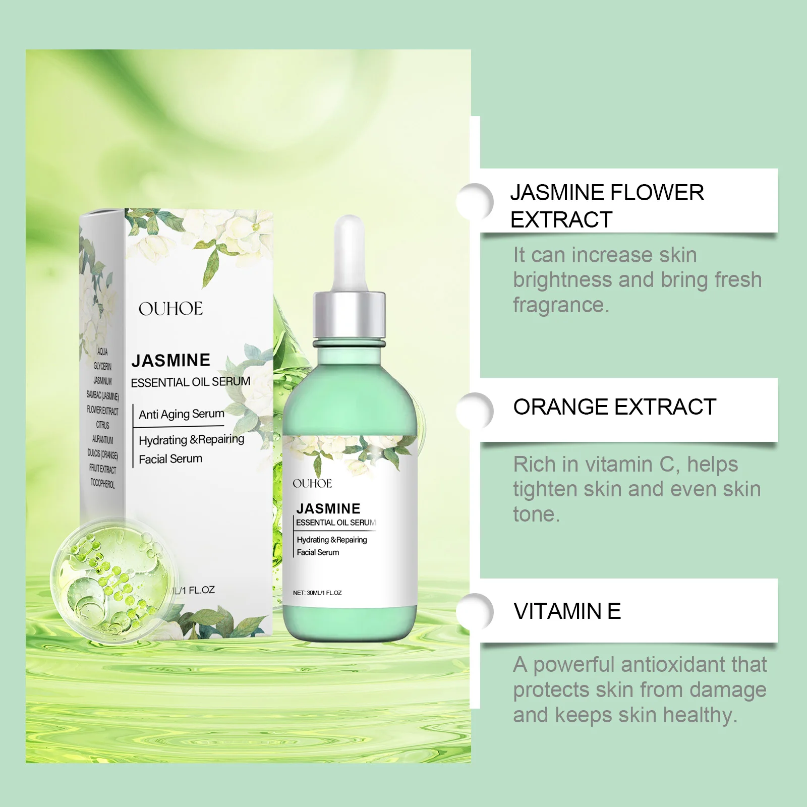 Jasmine Brightening Essence Oil Glycerine Essence Oil Geschikt voor het verminderen van fijne lijntjes, verfrissende en niet-plakkerige huid