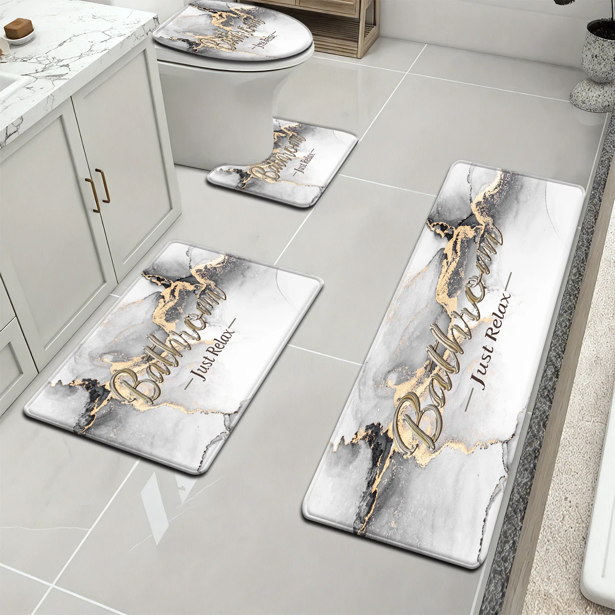 

1 Set of Bright White Bathroom Water-absorbing and Non-slip Floor Mat Home Decorative Patterns Printed,Comforable ,Four-pieces