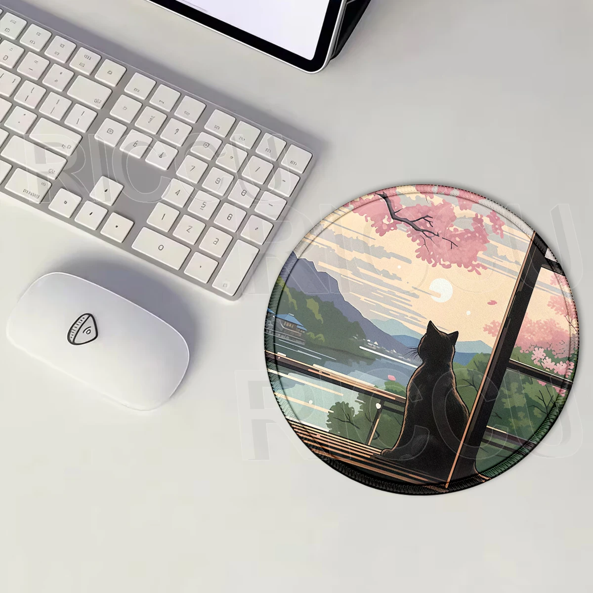 Round Mouse Pad Black Cat Cherry Blossom Landscape Mousemat Laptop Keyboard Desk Mat Sakura  Home Micepad Rubber E-Sports Carpet