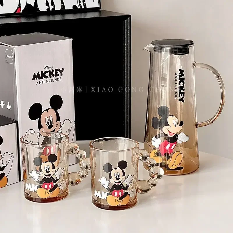 Disney Cartoon Glass Mug Two-piece Set Mickey Home Large Capacity Cold Kettle Water Cup Cute Creative Coffee Juice Cup Gift