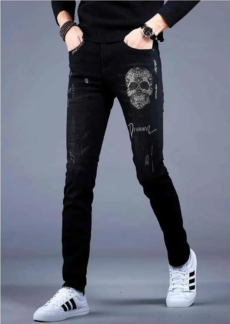 

High Quality Men's Diamond Embroidery Denim Pants Ripped Decoration Casual Jeans Classic Slim-fit Style Black Stretch Trousers;