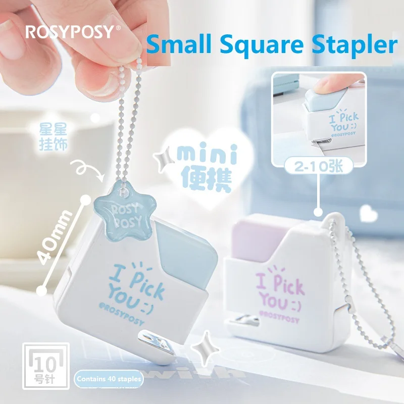 RosyPosy Mini grapadora portátil, 40 agujas No.10 integradas, papelería de cubitos de azúcar pequeños, viajes, hogar, estudiantes, accesorios de uso en oficinas