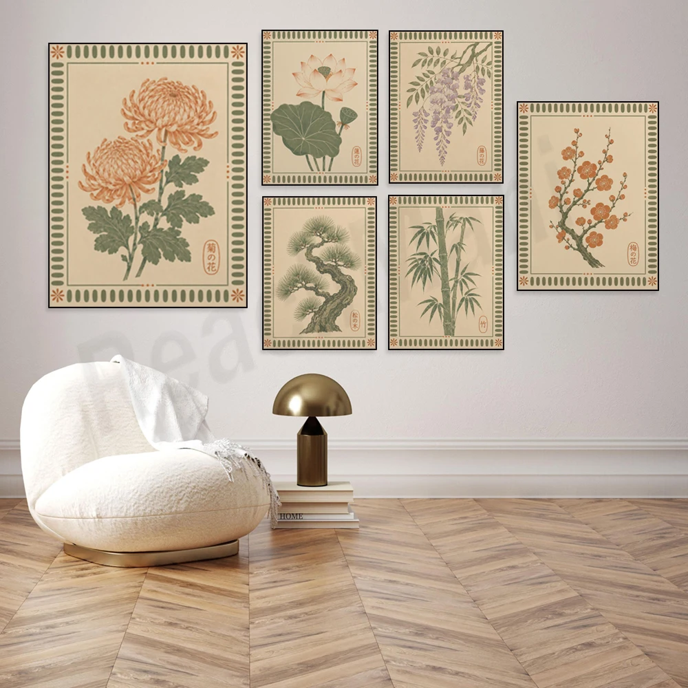 Japanese-style floral prints featuring lotus, wisteria, cherry blossoms, camellias, bamboo, and Zen-inspired home decor posters.