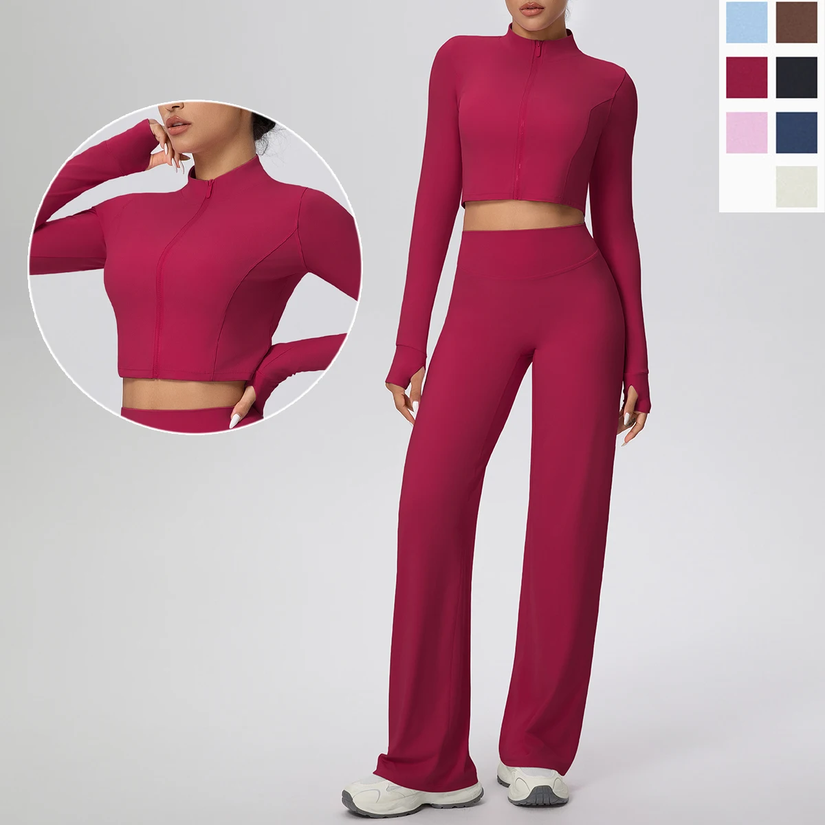 2PCS Woman Sports Gym Yoga Set Zipper Long Sleeves Wide Leg Pants Quick Drying Solid Color Running Cycling Breathable Yoga Set