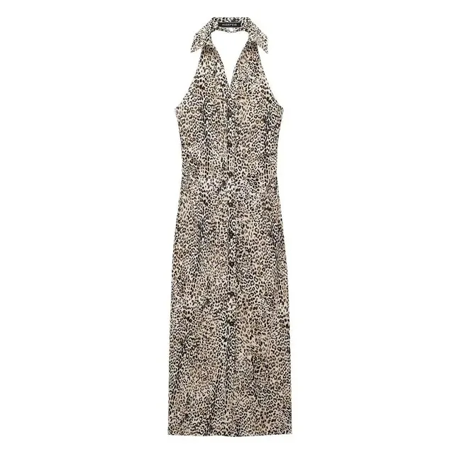 BabYoung Women Summer Leopard Print Midi Woman Halter Neck Single-Breasted Sexy Sleeveless Backless Party Dress