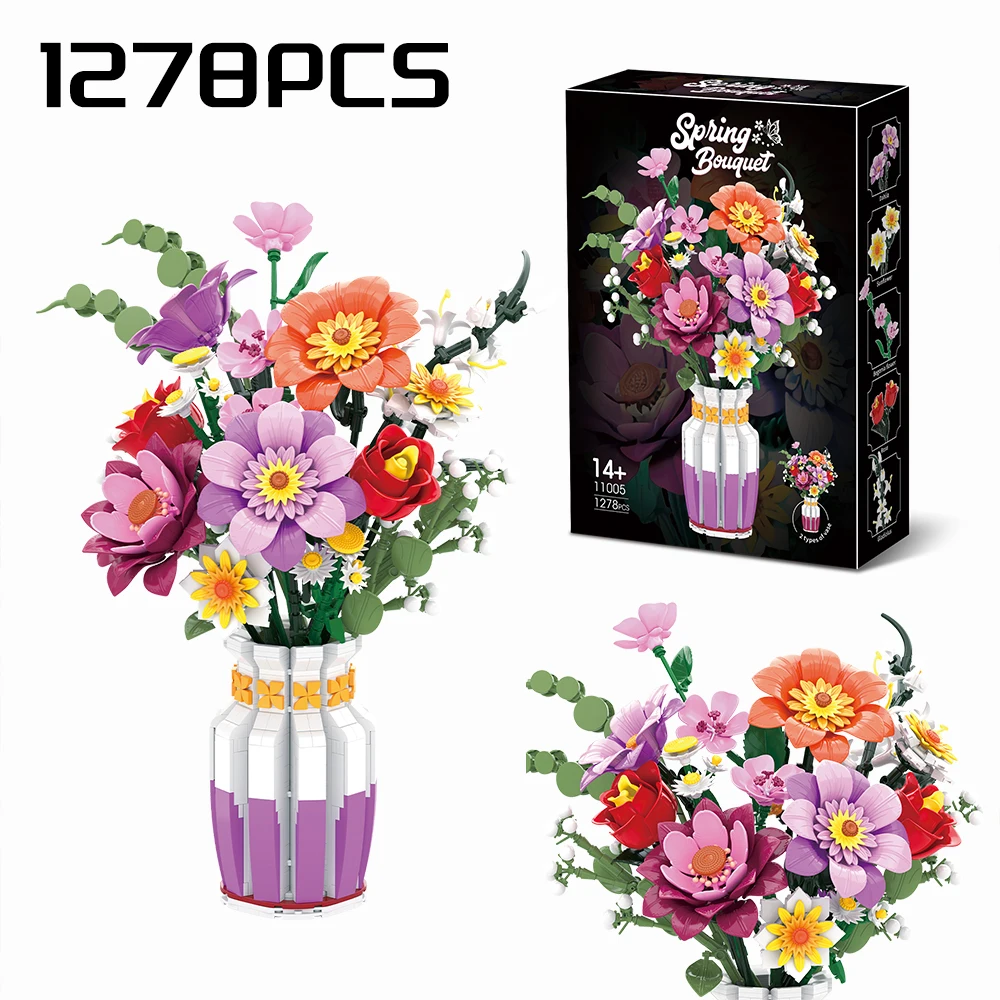 

МикроЦветочные кирпичи, два цвета ваз, 1278 шт., детские кирпичи «сделай сам», игрушки на день Святого Валентина, креативный набор строительных кирпичей, лучший подарок