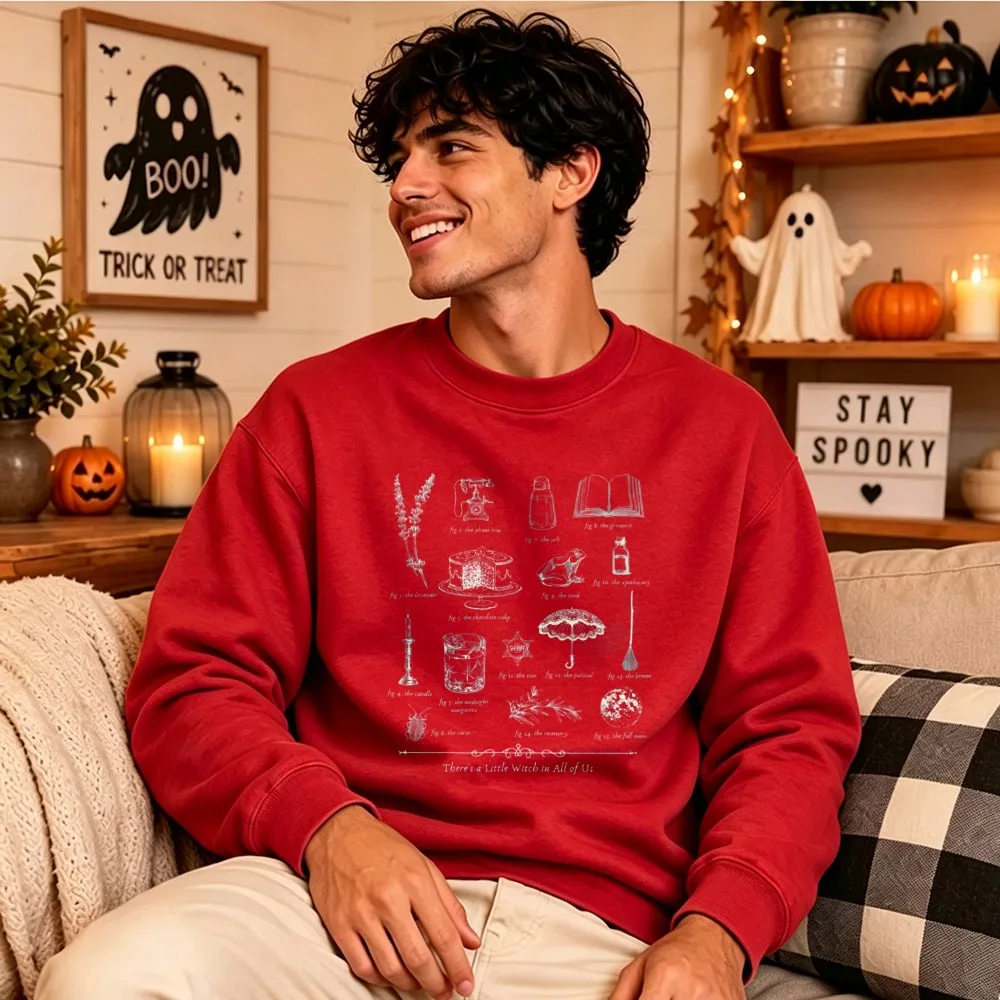 There's A Little Witch in All of Us Witchy Vintage Chart Print Pullover Witch Book Broom Candle Magic Item Graphic Casual Unisex