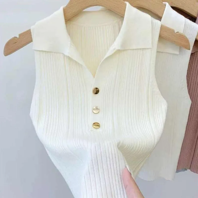 Knitted Sweater Women Pullovers New Sleeveless Turn Down Collar Knit Sweater Pullover Women Tops Sweaters Sueters De Mujer Q1221