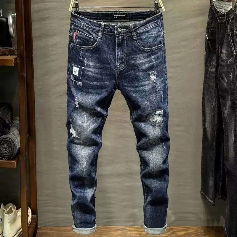 

Fashion Men's Clothing Slim Distressed Jeans Casual Autumn Blue Ripped Patch Long Trousers Jeans for Man Korean Popular Clothes