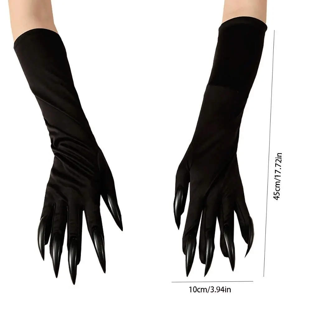 Trucco nero di Halloween Guanti per unghie neri Guanti elastici per dita intere Fantasma Gatto Demone Zampa Guanti Divertenti Guanti lunghi da donna Cosplay
