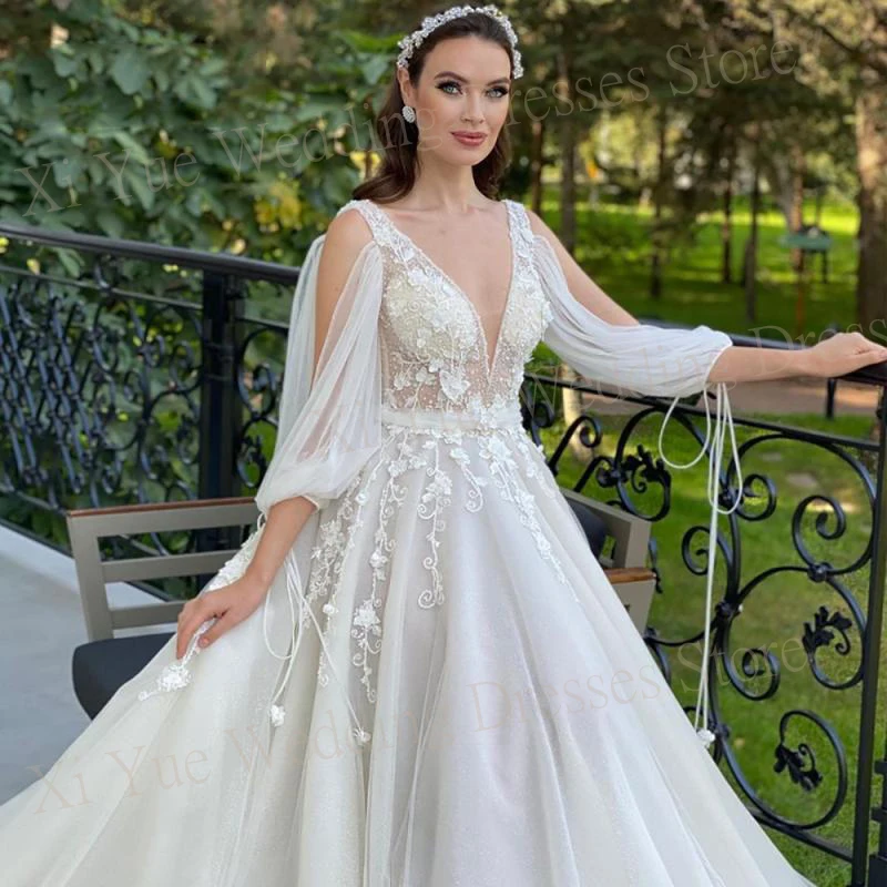 Bohemian Romantic A Line Women's Wedding Dresses Sexy Deep V Neck Lace Appliques Bride Gowns Backless Tulle Vestidos De Novias