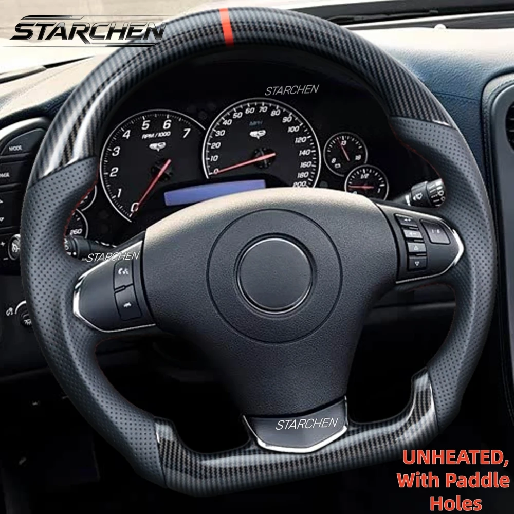 Hydro Dip Carbon Fiber Steering Wheel For Chevrolet Corvette C6 ZR1 Z06 2012-2013 Red Top Stripe with Paddle Shifter Holes(Non-heated)