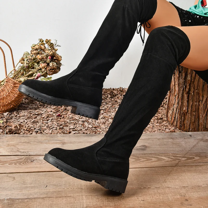 

Slimming Stretch Over The Knee Boots 2025 Winter New Women's Low Heel Slip On Lace Up Thigh High Fashion Boots