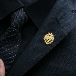Punk Style Crown Lion Brooches Stainless Steel Mens Animal Hip Hop Party Accessories Wedding Jewelry Badge Pins for Groom