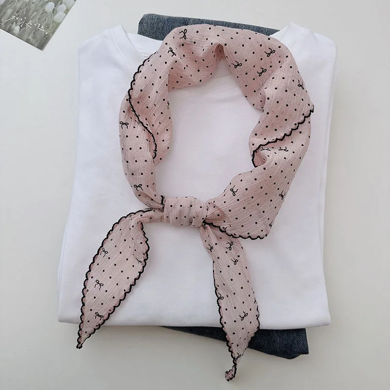 

Sweet and small polka bow Tencel scarf Japanese-style scalloped neck scarf women's headscarf2026New Prod