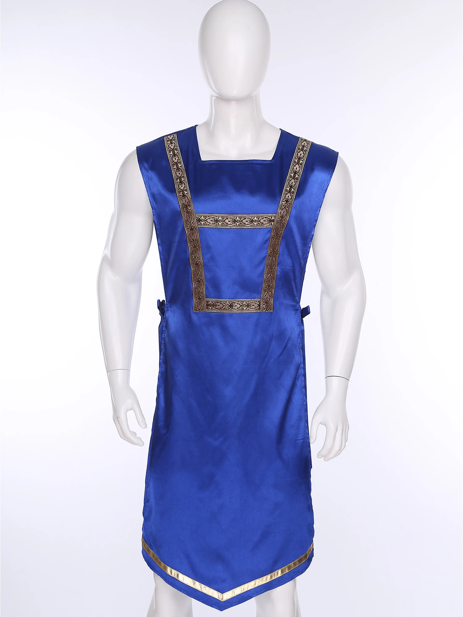 Túnica de dança de adoração de louvor masculina traje litúrgico robe sem mangas chique guarnição lateral rendas cetim pulôver robe dança lírica