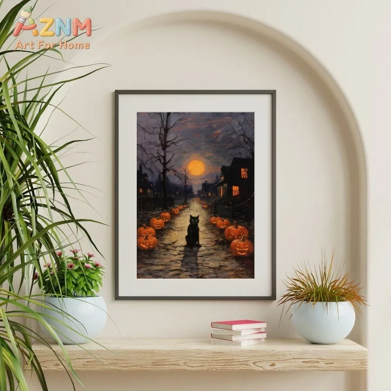 Vintage Painting Black Cat Village Road Jack O Lantern Moon Dark Autumn Halloween Canvas Poster Prints Frameless Wall Art Decor