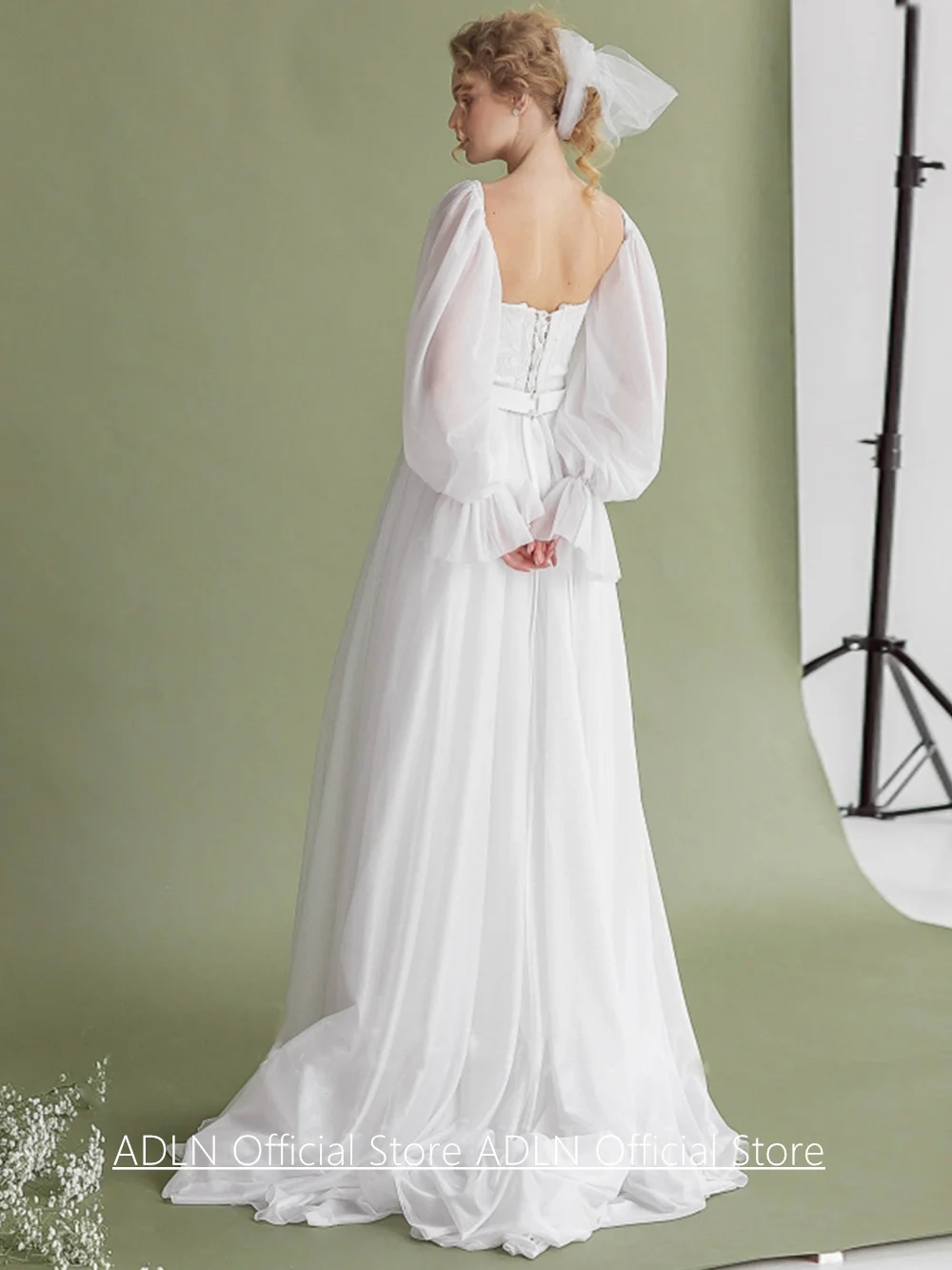 Romantic Princess Wedding Dress Customized Detachable Puff Sleeves Small V Neck Lace Chiffon Bridal Gown Robe De Mariee
