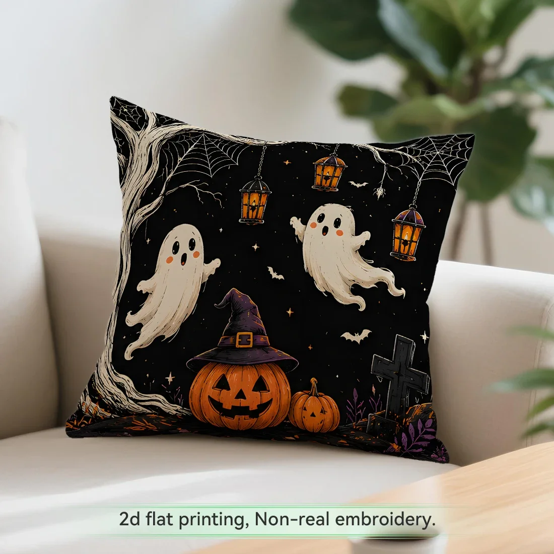 Dark Night Cute Little Ghost Halloween Cushions Pillowcase Polyester Cushion Cover Throw Pillow Pillowcover Home Car Sofa Decor