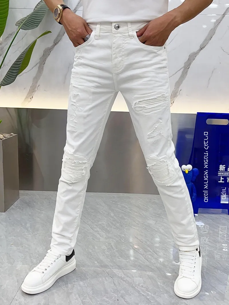 

White Denim Jeans Men's Summer New Fashion Personality Hole Repair Slim Match All Small Foot Pants Trendy Wear Resistant