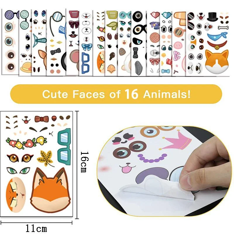 32Sheets Children DIY Puzzle Sticker Games 16 Animals Face Funny Assemble Jigsaw Stickers Kids Educational Toys Boys Girls Gifts