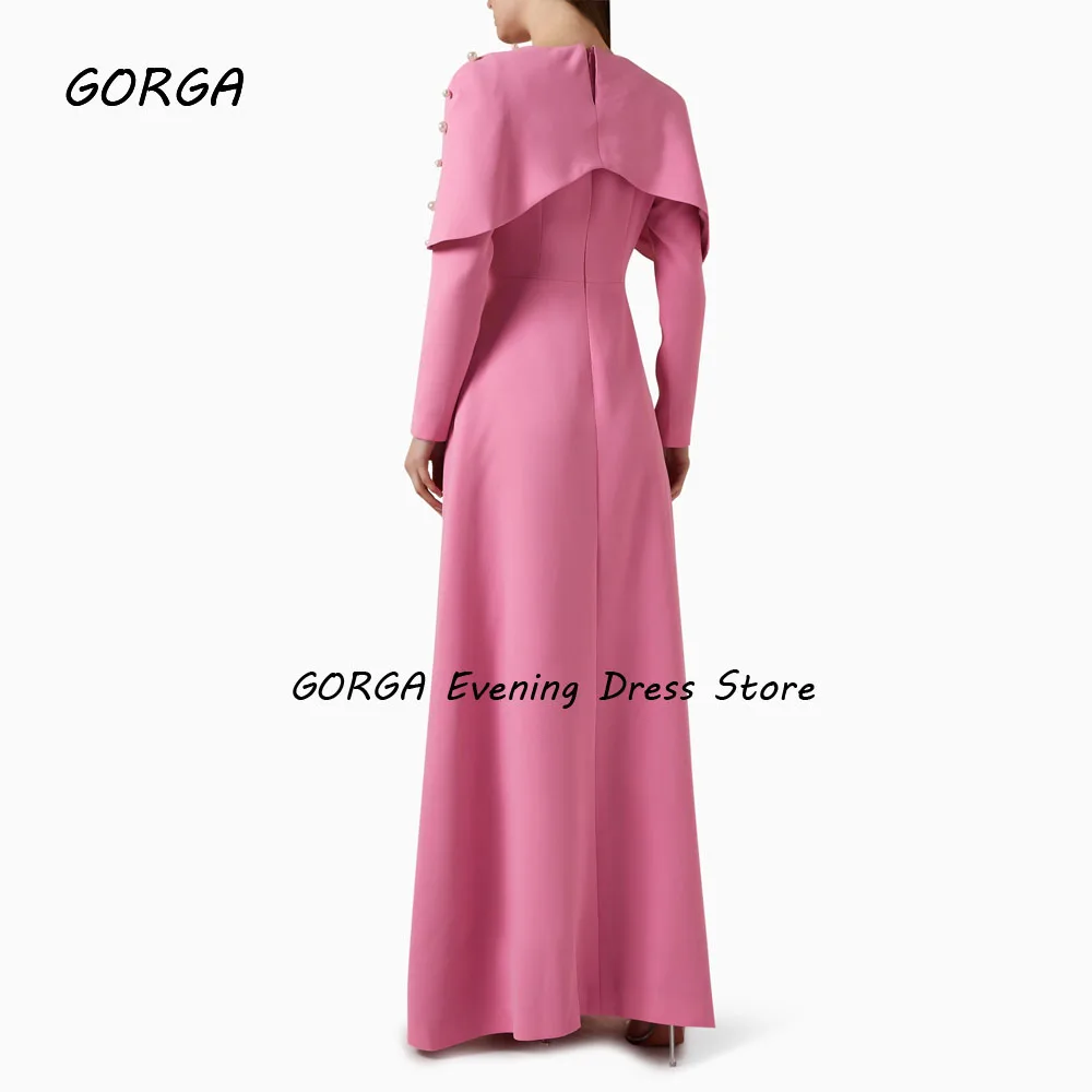 GORGA Simple Dusty Pink V-Neck A-LINE 2024 Slim Crepe With Pearls Long Sleeves Ocassion Gown Ankle-Length Formal Evening Dress