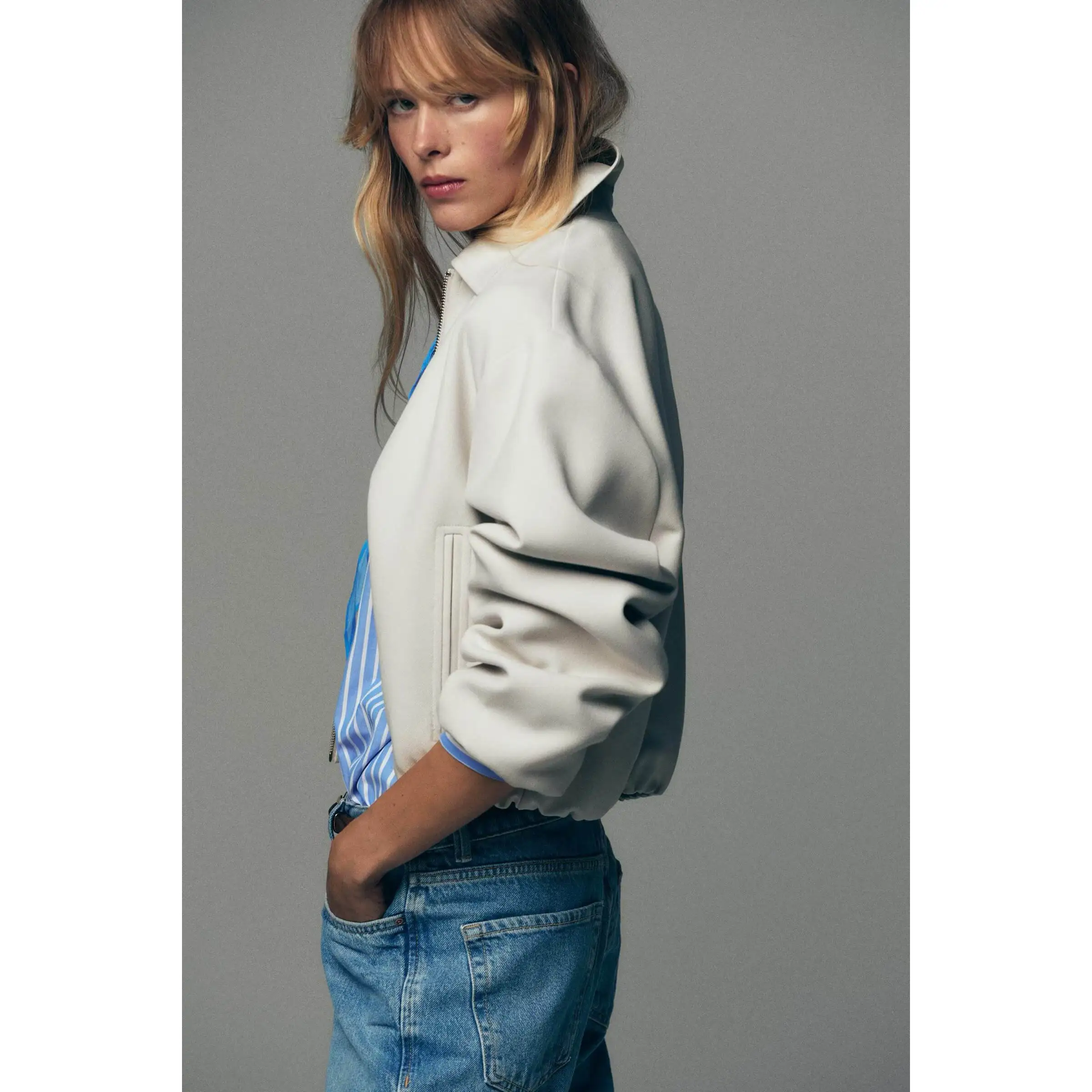 

ZBZR Spring New Women's Faionable Long Sve Zipper Puffy Jaet Coat Ele Collar Commute Sle Polyester Fiber