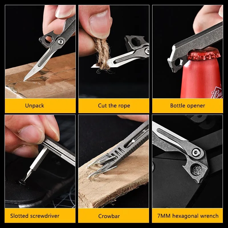 Titanium Alloy Crowbar Multifunctional EDC Tool Bottle Opener Hexagon Wrench Straight screwdriver Folding Knife Outdoor Survival