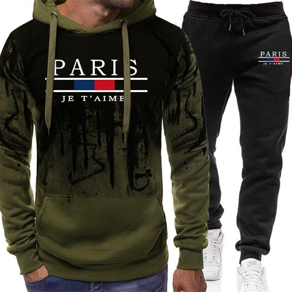 New autumn and winter men's hooded sweatshirt sportswear set, outdoor thickened warm men's casual sweatshirt and pants set