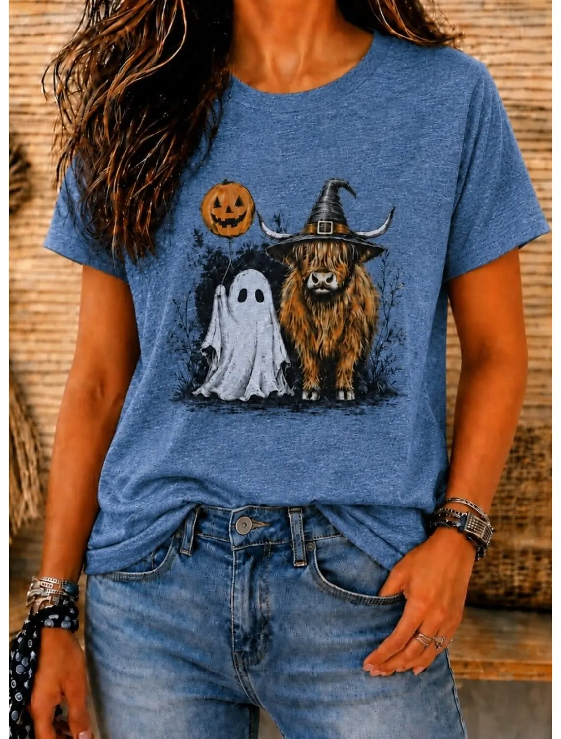 Women's Spring Summer 3D Printed Crew Neck T Shirt, Orange Base Highland Cow Ghost Pumpkin Halloween Vintage Holiday Top