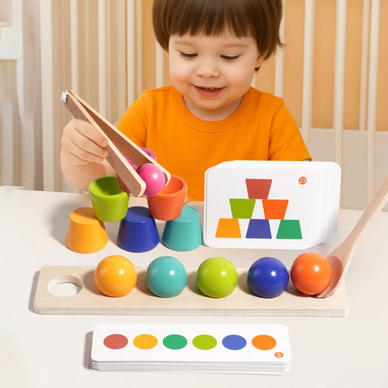 Brinquedos educativos montessori de madeira para crianças, bola de correspondência de cores, copos de empilhamento, jogo de cognição, aprendizagem pré-escolar, auxiliares de ensino
