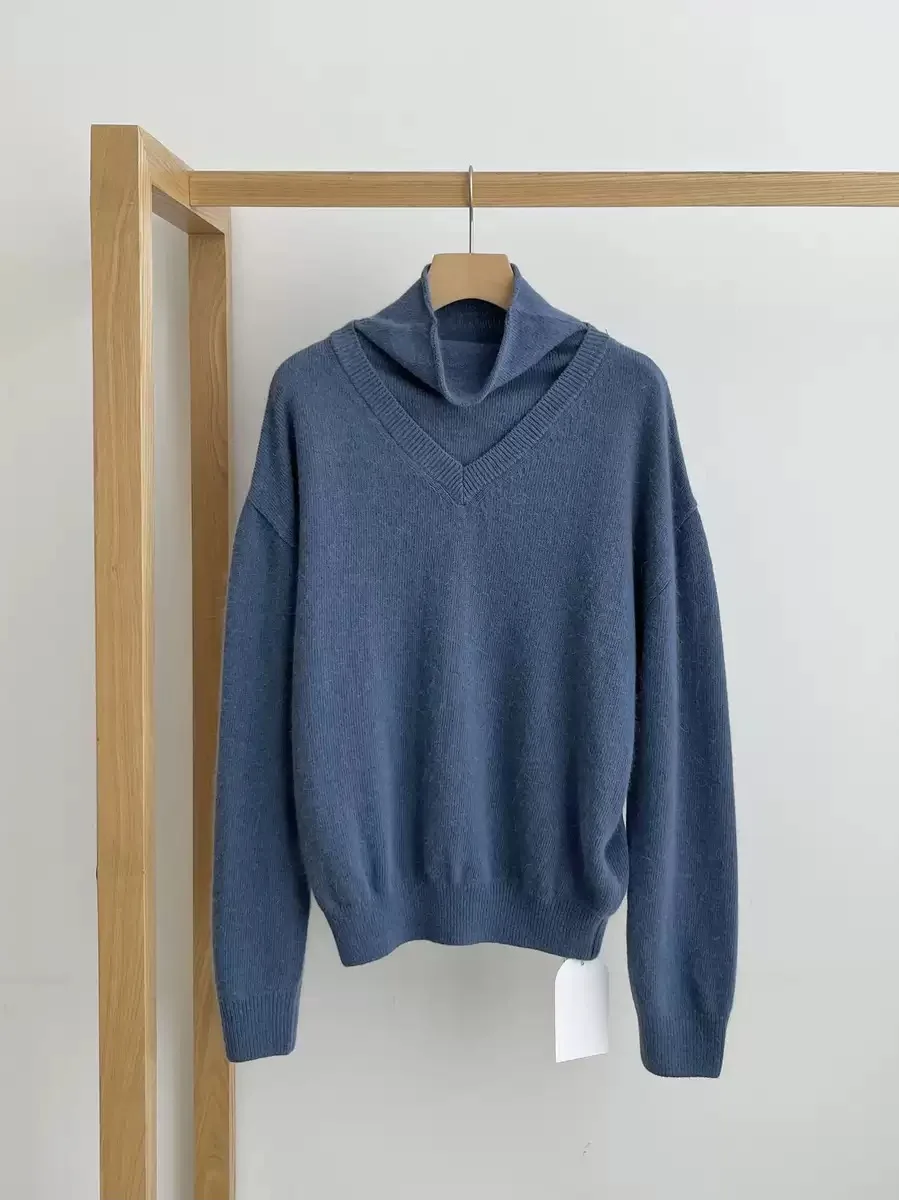 Sli عالية الياقة الأزرق محبوك سترة Faionable وهمية قطعتين الخريف الشتاء جديد وصول المرأة فضفاضة تناسب اللون