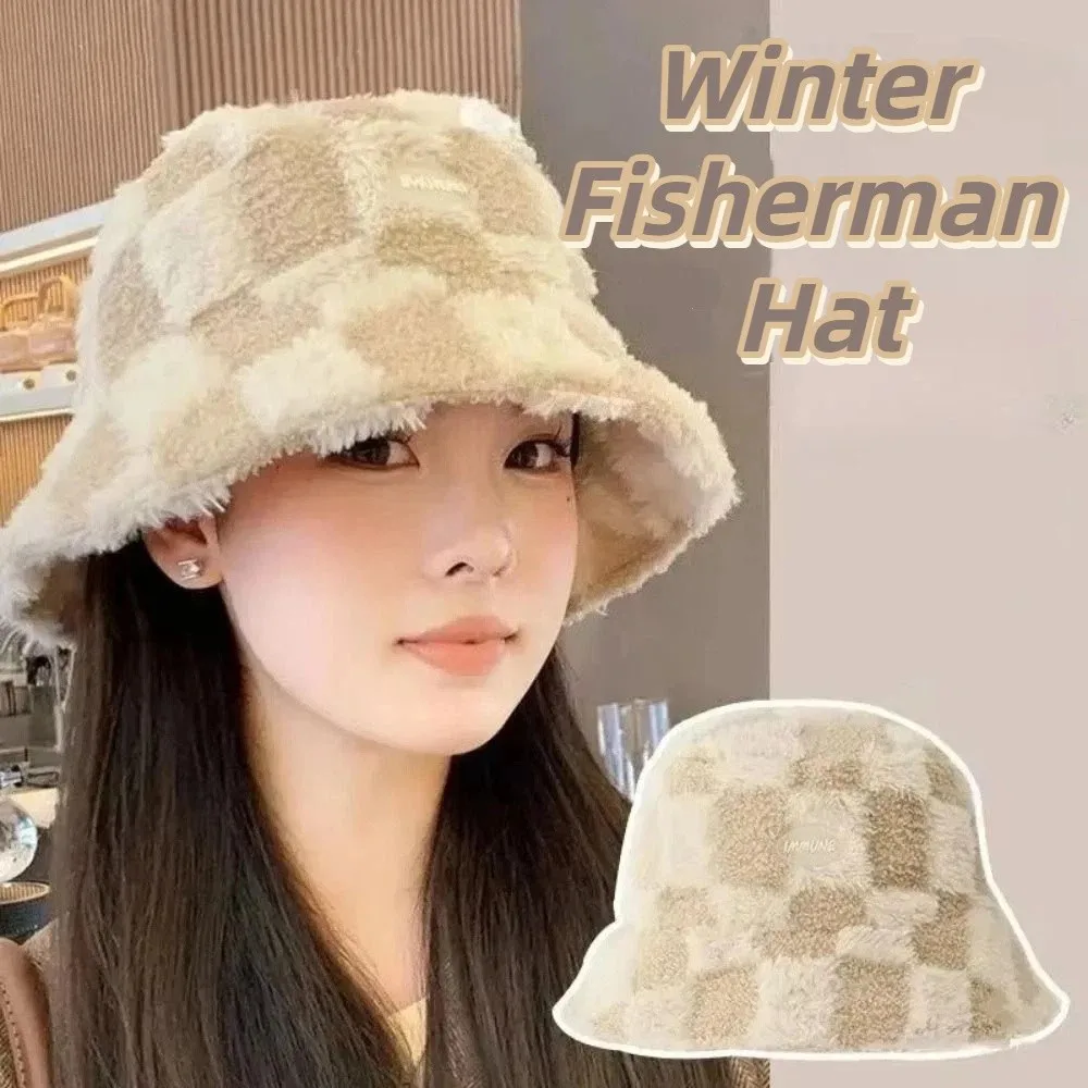 Karierter Damen-Fischerhut aus Kunstfell, verstellbarer Karierter Bucket Hat, Verdickter Windresistenter Lammwoll-Fischerhut