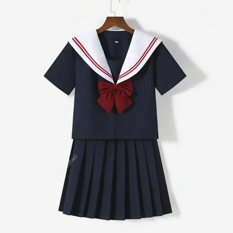 女性のための学校の制服コスチューム、jk白い襟、2行、日本のスタイルの服、セーラースーツ、プリーツスカート、アニメの制服、女性の衣装