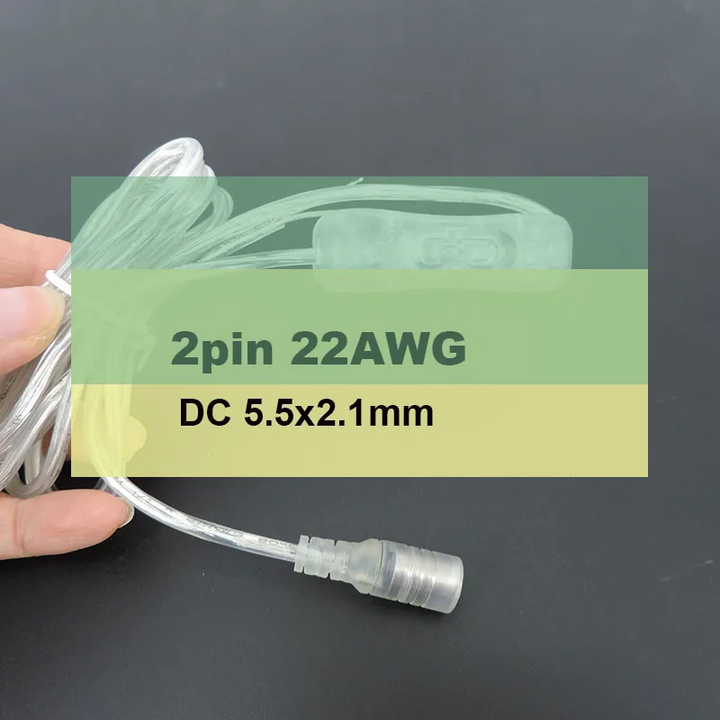 2pin 22AWG transparent DC Female 12V 5V 5.5x2.1mm Power adapter extend Cable led Light Switch button connector for neon lamp M20