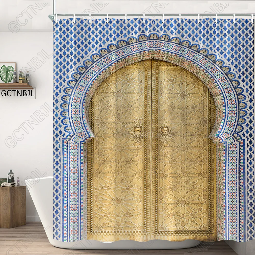 Moroccan Yellow Antique Arched Doors Shower Curtains Old Vintage Wooden Door Bathroom Waterproof Fabric Bath Curtains With Hooks