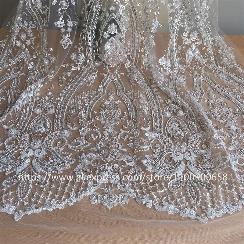 Embroidered Lace Fabric for Wedding Dress, 3D Flowers Beaded Sequins, Pearl Tube, Senior Shining Bride Fabric, RS4076