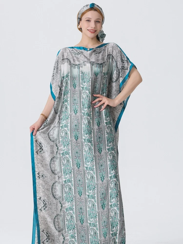 

Plus Size Polka Dot Printed Kaftan Dress,Modern Round Neck Short Sleeved Maxi Dress, Women's Plus Size Clothing with A Headscarf