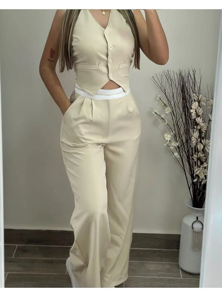 Casual Trouser Set Women Two Piece Suits Long Pants Set Sleeveless Tops & High Waist Straight Pant Elegant Casual Y2k Outfit