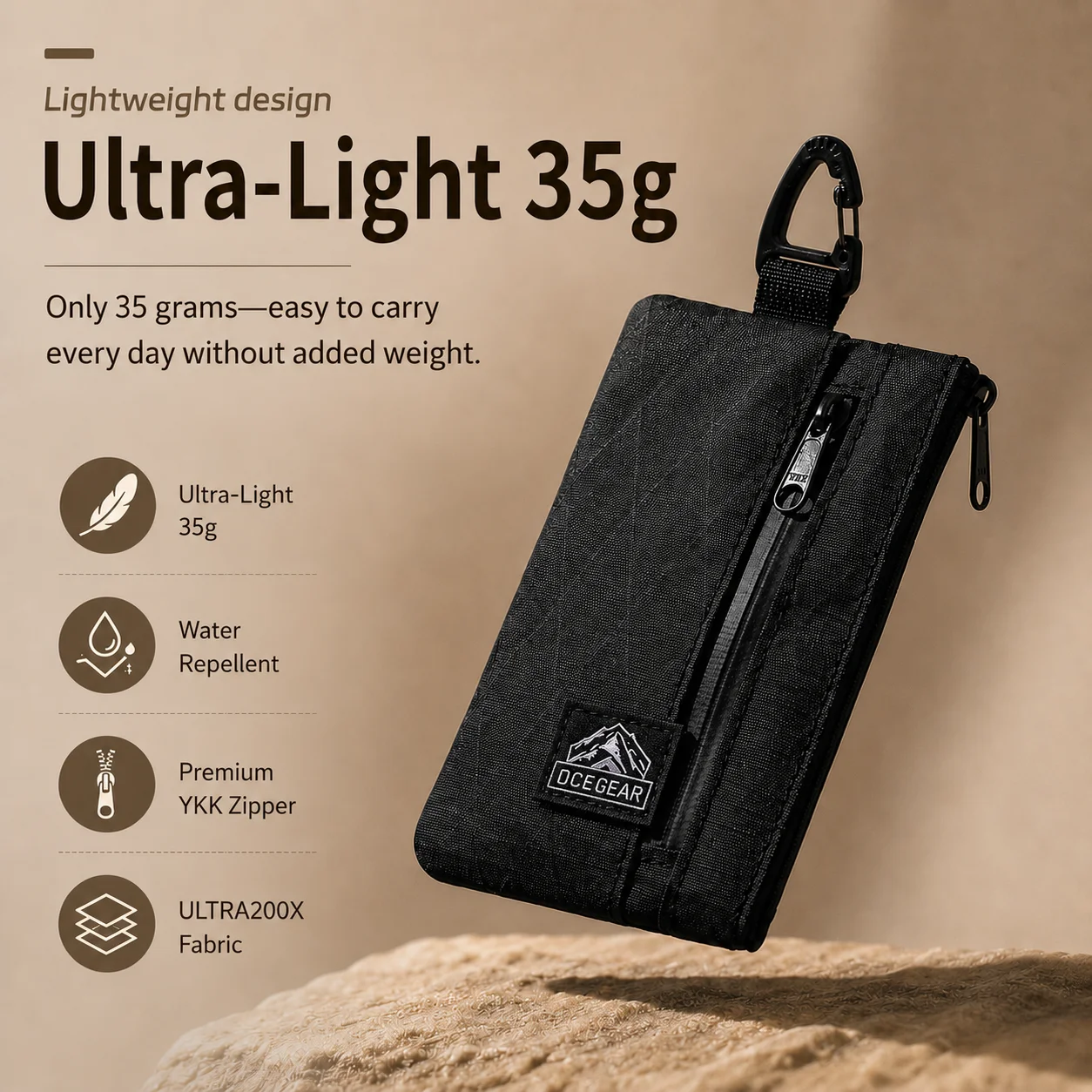 OCEGEAR ULTRA200X Mini Coin Purse Card Holder Keychain Wallet with Carabiner YKK Zipper Water-Resistant EDC Travel Pouch