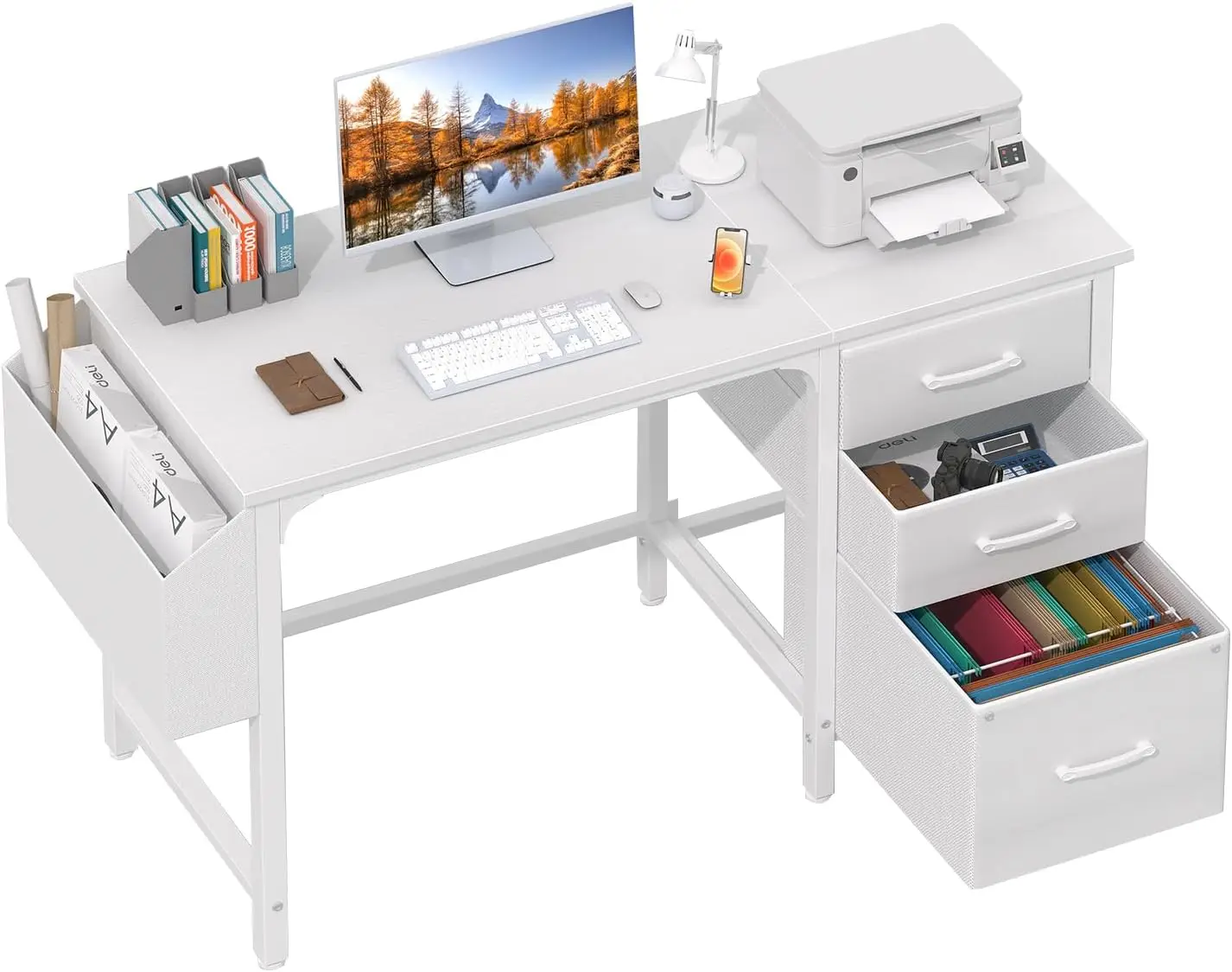 

White Reversible Computer Desk with Fabric File Drawers, 47' Modern PC Desk for Small Home Office